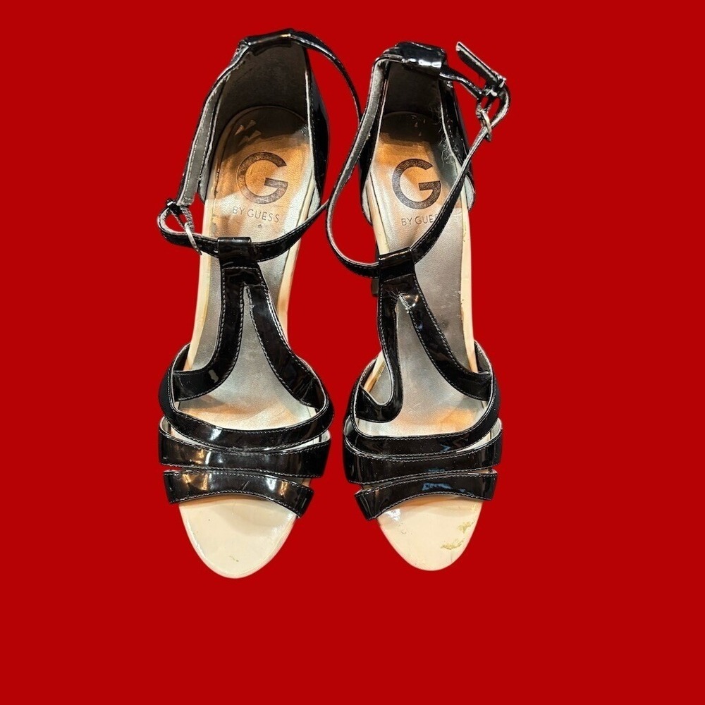 G by GUESS Womens T-Strap Platform Stiletto Heels Black Patent Open Toe 8.5 Y2K‎